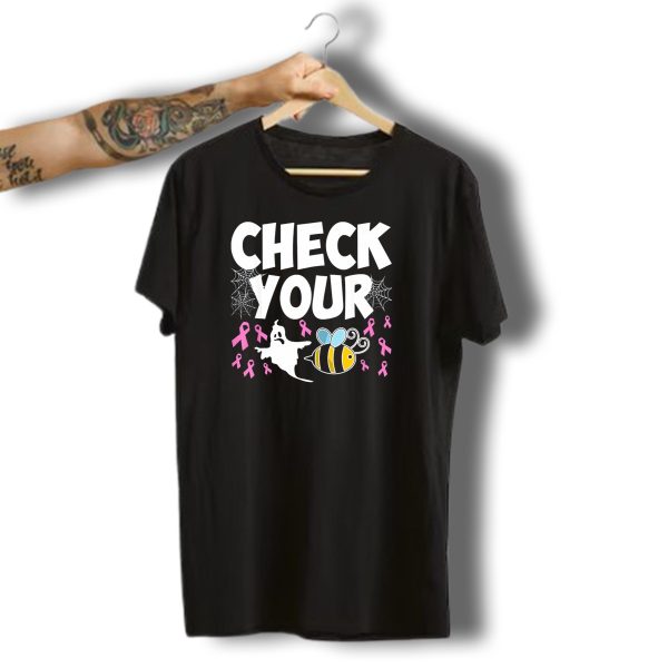 Check Your Boo Bees Breast Cancer Awareness Halloween Ghost And Bee With Ribbons T Shirt t shirt 1