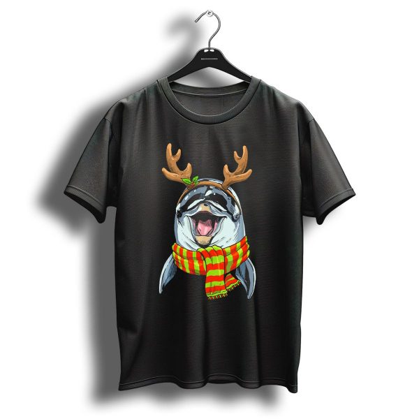 Cheerful Dolphin Wearing Christmas Reindeer Antlers And Scarf T Shirt 1 t shirt 1