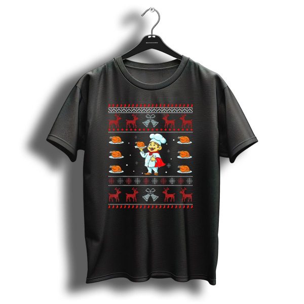 Chef Ugly Christmas Sweater Pattern With Reindeer Bells And Turkeys T Shirt 1 t shirt 1
