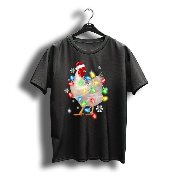 Chicken Noel Christmas Lights Santa Hat Snowflakes T Shirt t shirt 1
