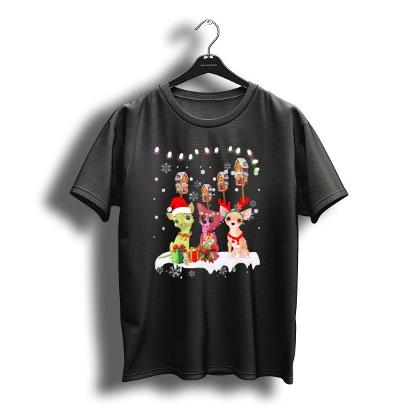Chihuahua Christmas Light With Santa Hat And Reindeer Antlers T Shirt t shirt 1