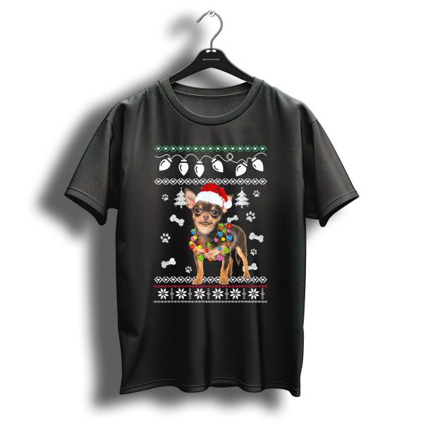 Chihuahua Christmas Lights Santa Hat Paw Prints Trees T Shirt 1 t shirt 1