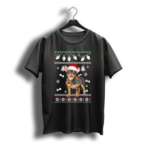 Chihuahua Christmas Lights Santa Hat Paw Prints Trees T-Shirt