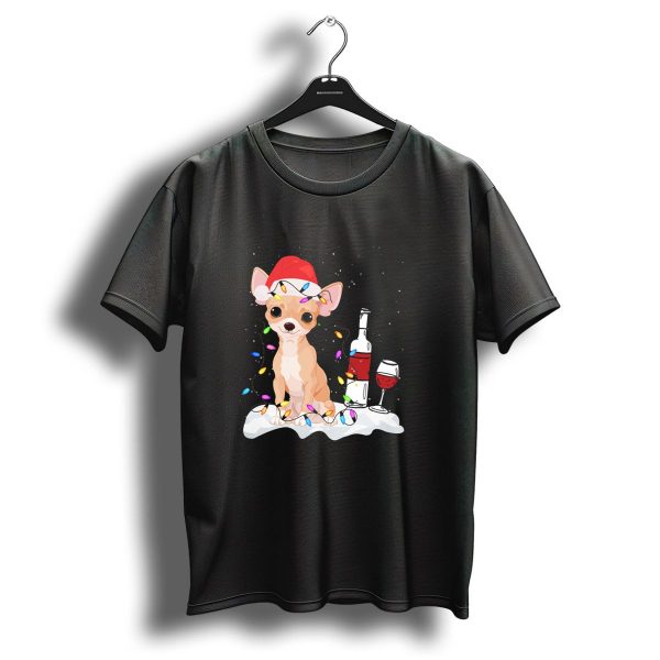 Chihuahua Dog With Christmas Lights And Wine Holiday Scene T Shirt 1 t shirt 1 1