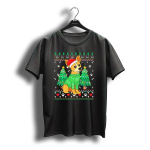 Chihuahua In Santa Hat And Sweater With Christmas Trees And Paw Prints T-Shirt