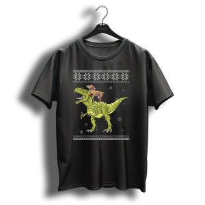 Chihuahua On T Rex With Christmas Lights And Snowflake T Shirt