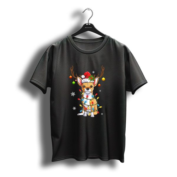 Chihuahua Reindeer Christmas Lights Santa Hat Snowflakes T Shirt t shirt 1