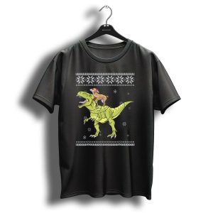 Chihuahua Riding Rex Dinosaur With Christmas Lights And Snowflakes T Shirt