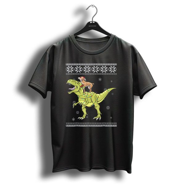 Chihuahua Riding Rex Dinosaur With Christmas Lights And Snowflakes T Shirt 1 t shirt 1