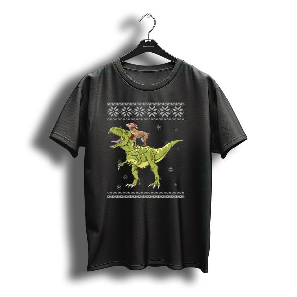 Chihuahua Santa Riding Rex Dinosaur Ugly Christmas T Shirt t shirt 1