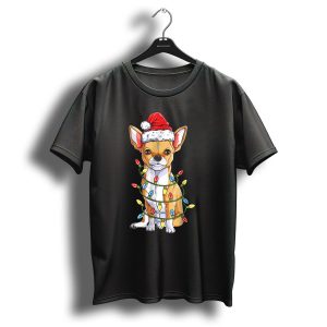 Chihuahua With Santa Hat And Christmas Tree Lights T Shirt