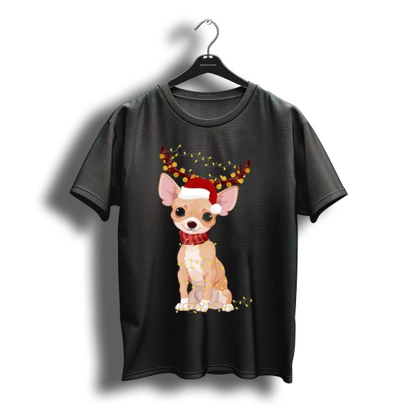 Chihuahua With Santa Hat Reindeer Antlers Christmas Lights Noel T Shirt t shirt 1