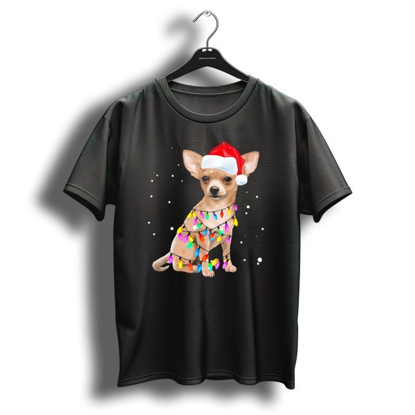Chihuahua Wrapped In Christmas Lights Wearing Santa Hat T Shirt 1 t shirt 1
