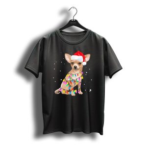 Chihuahua Wrapped In Christmas Lights Wearing Santa Hat T-Shirt