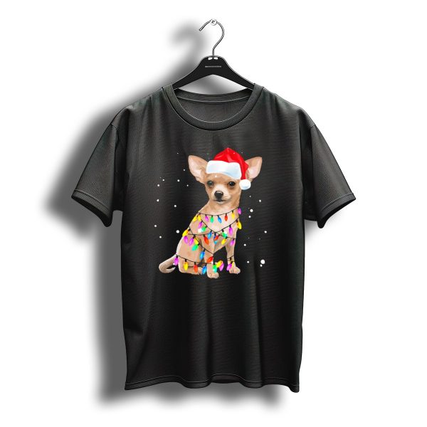 Chihuahua Wrapped In Christmas Lights Wearing Santa Hat T Shirt t shirt 1
