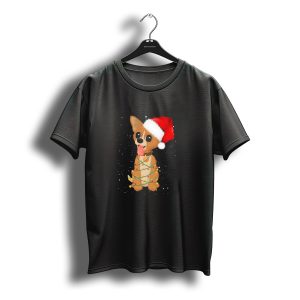 Chihuahua Wrapped In Christmas Lights With Santa Hat Holiday T-Shirt