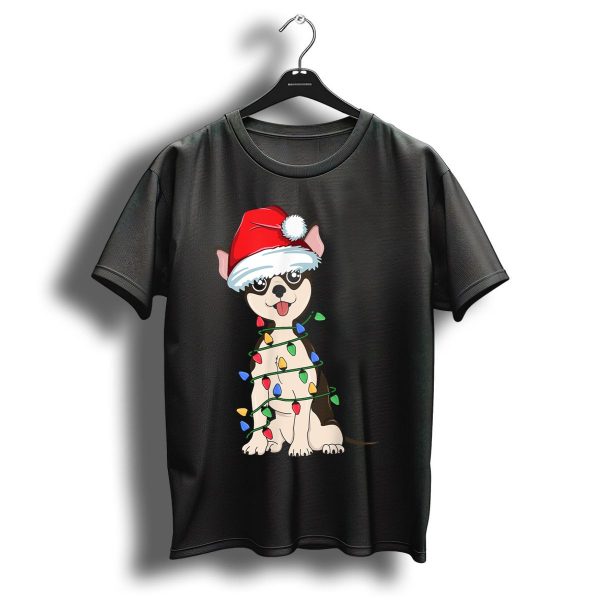 Chihuahua Wrapped In Christmas Lights With Santa Hat T Shirt 1 t shirt 1