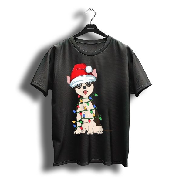 Chihuahua Wrapped In Christmas Lights With Santa Hat T Shirt t shirt 1
