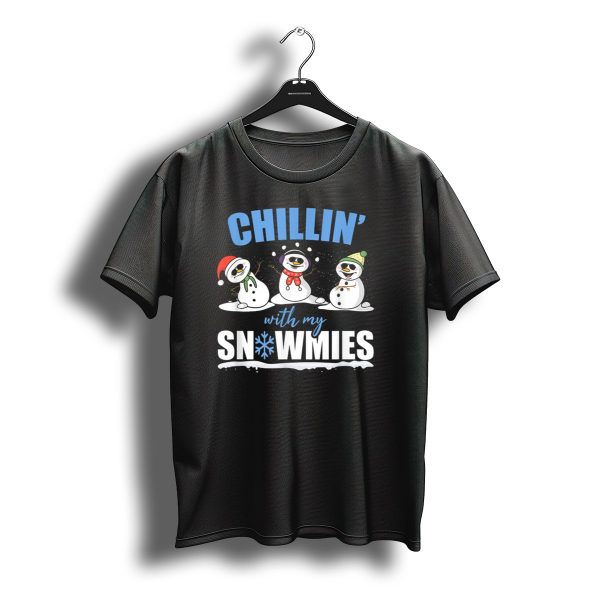Chillin With My Snowmies Christmas Snowman Trio In Santa Hats And Scarves T Shirt t shirt 1