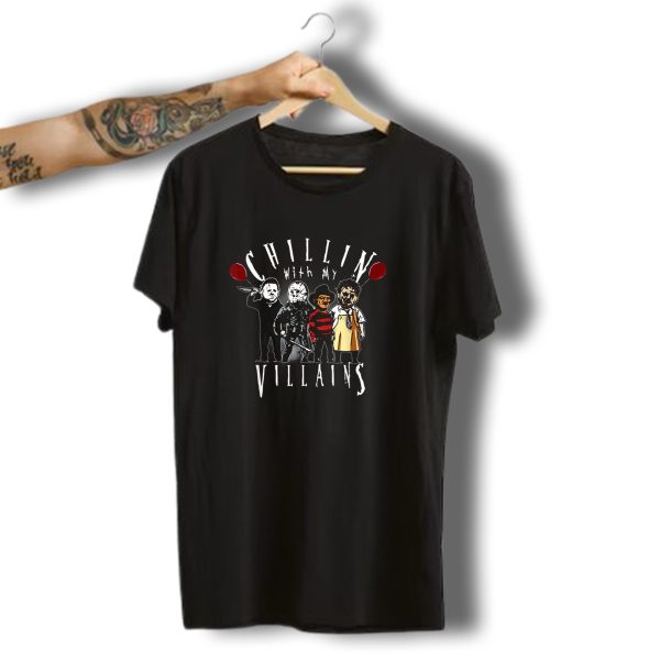 Chillin With My Villains Scary Creepy Halloween Horror Iconic Characters T Shirt t shirt 1