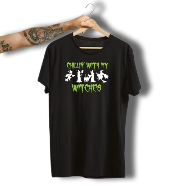Chillin With My Witches Halloween Funny Witch Costume Party Brew Crew T Shirt t shirt 1