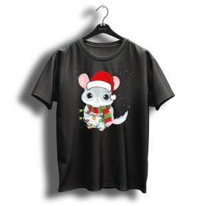 Chinchilla In Christmas Lights Wearing Santa Hat With Snowflakes T Shirt