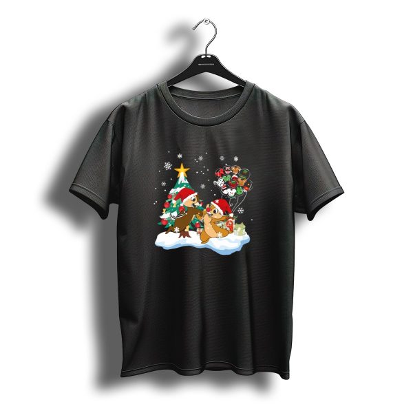 Chip And Dale Christmas Tree Santa Hats Snowflakes Balloons T Shirt t shirt 1