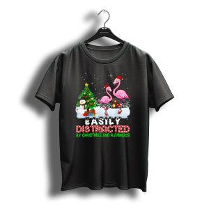 Christmas And Flamingos With Santa Hats In Snow Scene With Snowman T-Shirt