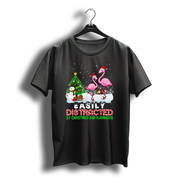 Christmas And Flamingos With Santa Hats In Snow Scene With Snowman T Shirt t shirt 1