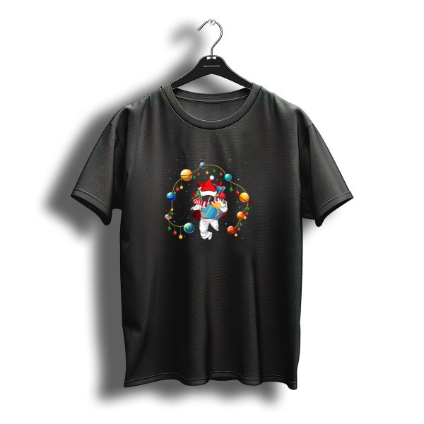 Christmas Astronaut With Santa Hat Holding Gifts Surrounded By Planets And T Shirt t shirt 1