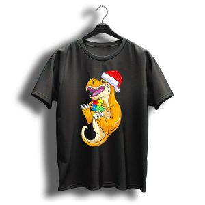 Christmas Autism Awareness Dinosaur Santa Hat Puzzle Pieces T Shirt