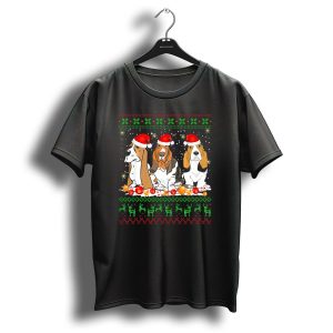 Christmas Basset Hound Santa Hat Ornaments Reindeer Snowflakes T Shirt