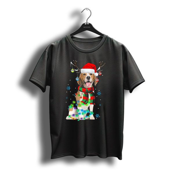 Christmas Beagle With Santa Hat Reindeer Antlers And T Shirt t shirt 1