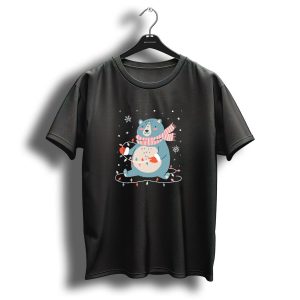 Christmas Bear With String Lights And Snowflakes T Shirt
