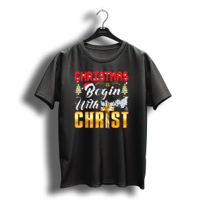 Christmas Begin With Christ Snowflakes Santa Hat Cross Trees T-Shirt