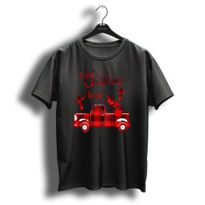 Christmas Begins With Christ Buffalo Plaid Red Truck With Tree And Crosses T Shirt
