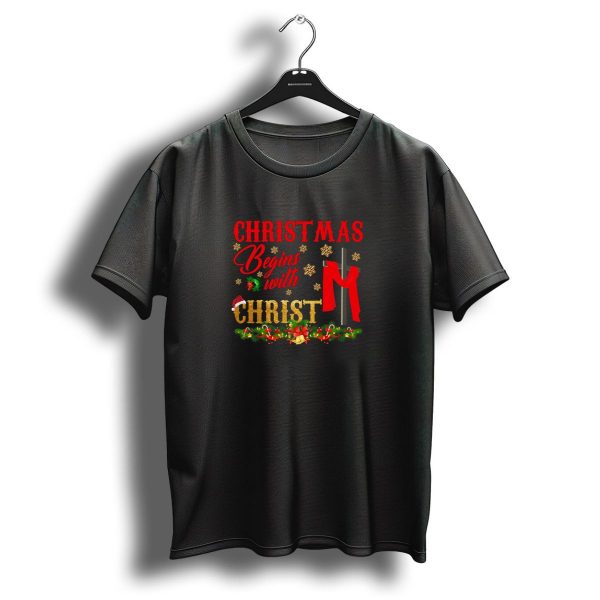 Christmas Begins With Christ Cross Santa Hat Snowflakes Wreath Candles Garland T Shirt 1 t shirt 1