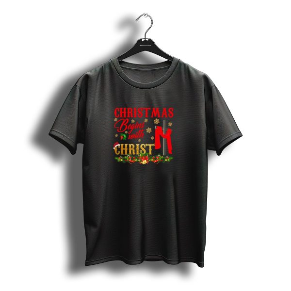 Christmas Begins With Christ Cross Santa Hat Snowflakes Wreath Candles Garland T Shirt t shirt 1