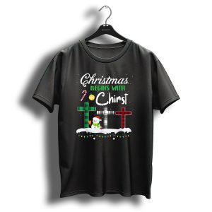 Christmas Begins With Christ Crosses Snowman Snowflakes Candy Cane Lights T Shirt