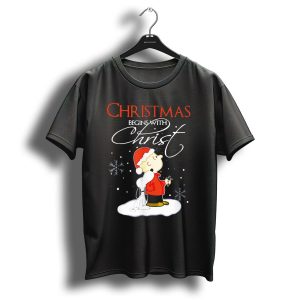 Christmas Begins With Christ Xmas Holiday Boy And Dog With Snowflakes T-Shirt