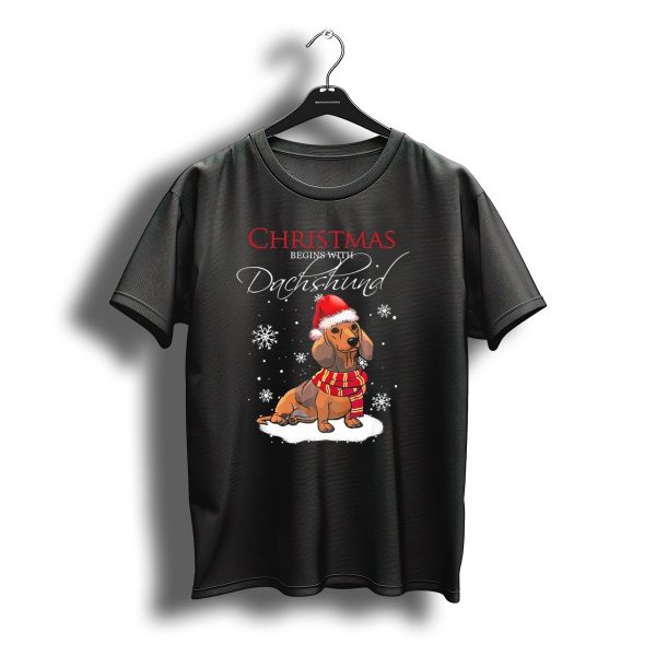 Christmas Begins With Dachshund Santa Hat Scarf Snowflakes T Shirt t shirt 1
