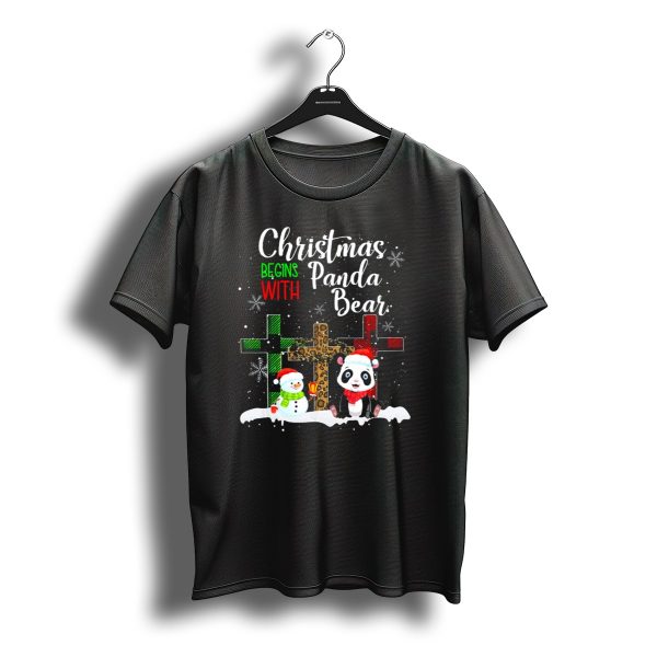 Christmas Begins With Panda Bear Snowman Santa Hat Crosses Snowflakes T Shirt t shirt 1