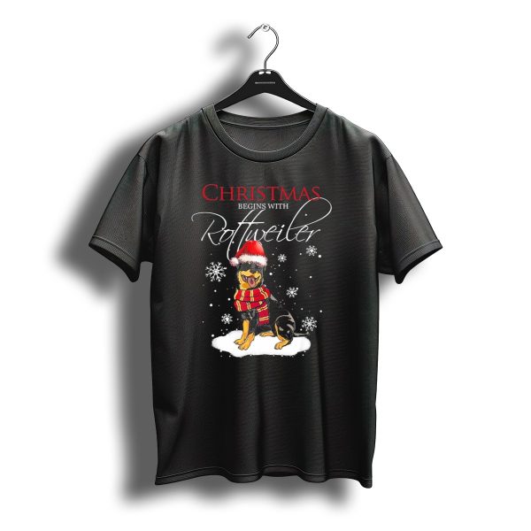Christmas Begins With Rottweiler Santa Hat And Snowflakes T Shirt t shirt 1