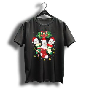 Christmas Bichon Frise Dogs In Holiday Stockings With Santa Hats And Candy Canes T Shirt