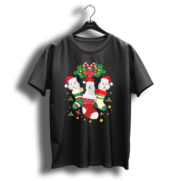 Christmas Bichon Frise Dogs In Holiday Stockings With Santa Hats And Candy Canes T Shirt 1 t shirt 1