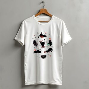 Christmas Black Cat Santa Hat Presents Lights Trees T Shirt