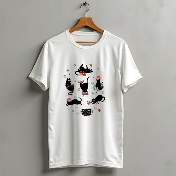 Christmas Black Cat Santa Hat Presents Lights Trees T Shirt 1 t shirt 1