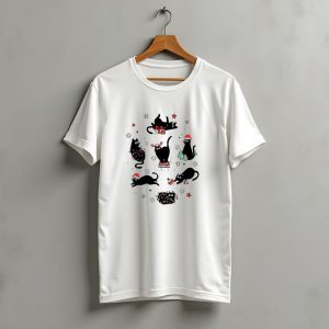 Christmas Black Cat Santa Hat Presents Lights Trees T-Shirt