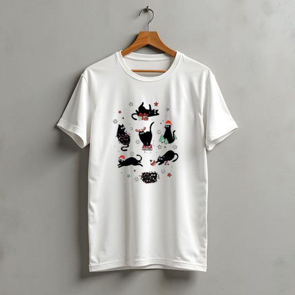Christmas Black Cat Santa Hat Presents Lights Trees T Shirt t shirt 1 1