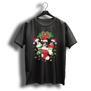 Christmas Border Collie Dogs In Santa Hats And Holiday Stockings T Shirt